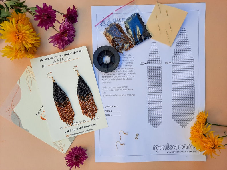 May include: A kit for making beaded earrings with instructions, beads, thread, and earring hooks. The kit is labeled "Handmade earrings created specially for ANNA" and includes a color chart for the beads.
