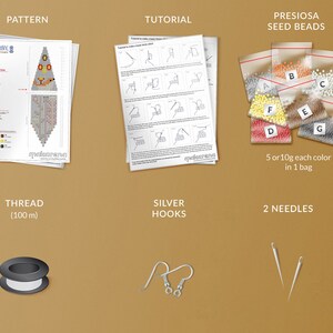 May include: A beading kit for making earrings. The kit includes a pattern, instructions, thread, silver hooks, two needles, and seed beads in seven colors. The seed beads are packaged in small bags labeled with letters A through G. Each bag contains 5 or 10 grams of beads.