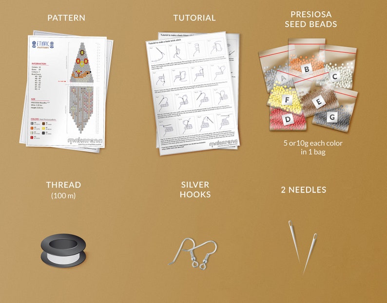 May include: A beading kit for making earrings. The kit includes a pattern, instructions, thread, silver hooks, two needles, and seed beads in seven colors. The seed beads are packaged in small bags labeled with letters A through G. Each bag contains 5 or 10 grams of beads.