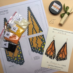 Monarch butterfly wing beaded earrings kit | DIY pattern fringe earrings kit | beadwaving seed bead kit | first earrings bead set