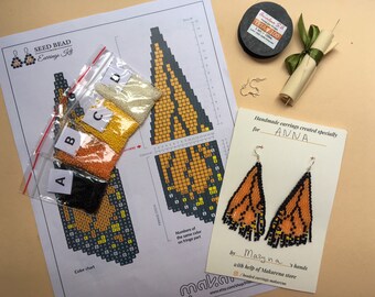 Monarch butterfly wing beaded earrings kit | DIY pattern fringe earrings kit | beadwaving seed bead kit | first earrings bead set