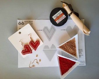 Heart beaded earrings kit | DIY heart earrings kit | seed bead set | beadwaving kit | crafter gift | first earrings bead set