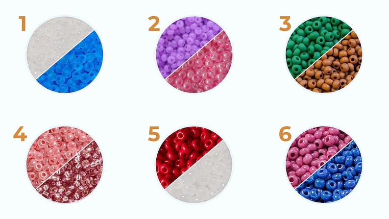 May include: Six different color combinations of round beads, each divided in half. The beads are arranged in a circle, with the colors separated by a line. The colors are: white and blue, purple and pink, green and brown, pink and maroon, red and white, and pink and blue.