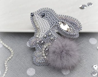 Rabbit emboided brooche kit / seed bead sequins needle gimp thread bace - full set