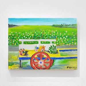 Originalgemälde "Blumenwagen" Bunte naive Kunst für die Inneneinrichtung - Einzigartiges handgemaltes Stück