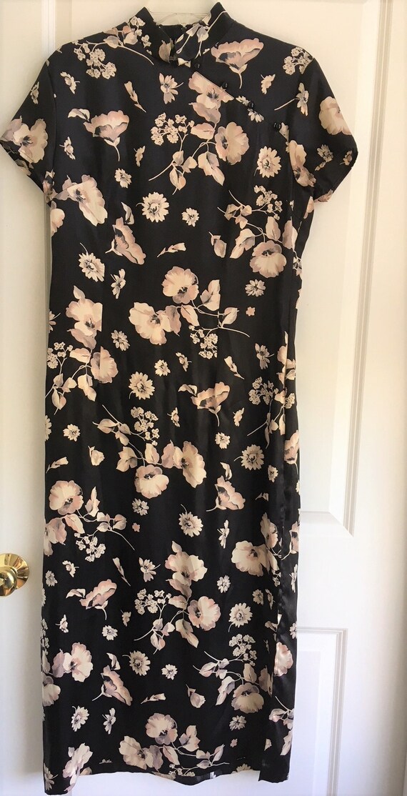 satin asian print dress EastFlair Women's Elegant Floral Print Button Front Split Hem Chinese Style  Mini Cheongsam Qipao Dress,Burgundy Autumn Dining Wedding Guest Party Asian  Dress