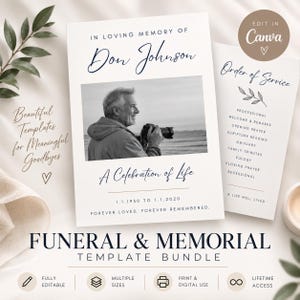 Puede incluir: Un conjunto de plantillas funerarias y conmemorativas con una tarjeta blanca que incluye el texto In Loving Memory of Don Johnson, una foto en blanco y negro de una persona con una cámara y el texto A Celebration of Life, 1.1.1930 a 1.1.2020.