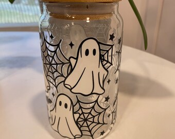 Tasse en verre de créateur d'Halloween de 16 oz avec couvercle en bambou et paille