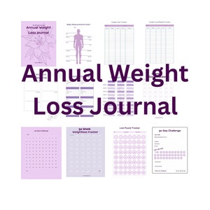 Puede incluir: Una colección de páginas imprimibles de un diario de pérdida de peso en tonos morados. Las páginas incluyen una tabla de medidas corporales, rastreadores de pérdida de peso, un rastreador de pérdida de peso de 52 semanas y una hoja de desafío de 30 días.