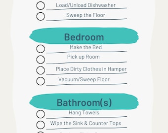 May include: A checklist for young adults with cleaning tasks organized by area: kitchen, bedroom, bathroom, and living area. Each area has a list of tasks with checkboxes next to them.