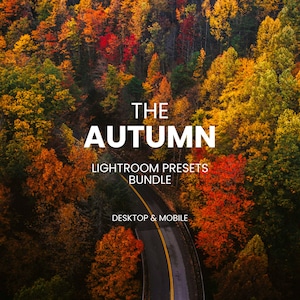 May include: A digital product advertisement featuring a winding road through a forest with vibrant autumn foliage in shades of red, orange, and yellow. The text reads THE AUTUMN LIGHTROOM PRESETS BUNDLE DESKTOP & MOBILE.