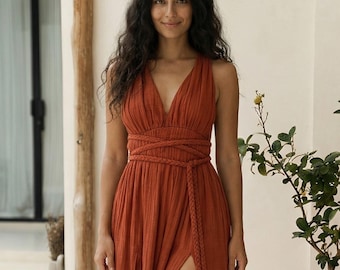 ZENDAYA Greek Goddess Dress ∆ Double Slit Wedding Dress ∆ Organic Hemp Long Dress ∆ Sleeveless Strappy Dress ∆ Cotton Beach Long Dress