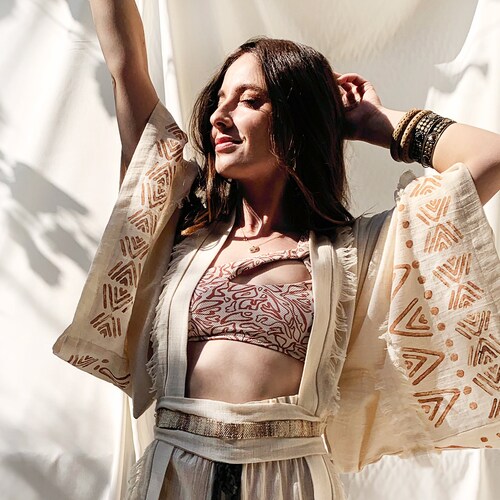 Raw Cotton Kimono Robe /Hand Painting Kimono/Wide Sleeve Boho Kaftan Dress / Goddess Kimono Cardigan / Nomad Organic Shawl Jacket/Cover Up