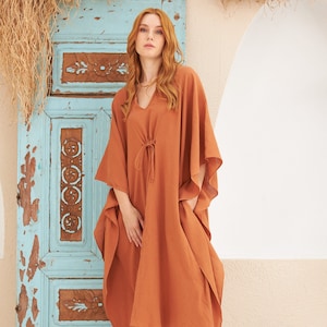 Cinnamon Linen Cotton Dress, linen dress with 3/4 sleeve, Kimono style wide comfortable dress, image 1