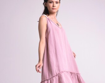 Muslin mini dress for women, Crincle muslin dress, Boho mini dress, organic cotton dress, Sleeveless dress, Strap women dress