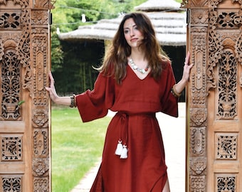 Handwoven Linen Maxi Dress: Copper Boho Dress with Slit