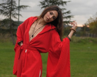 Red Boho Hoody for Women / Bohemian Overcoat / Red Long Coat Wrap / Kimono Robe / High Long Jacket Belted Hood