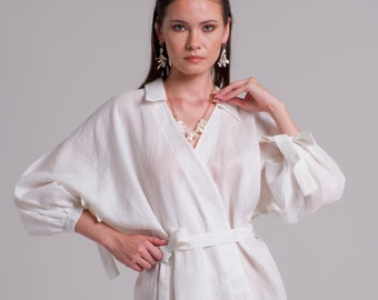 White Linen Kimono Robe / Boho Kimono Cardigan / Short Linen Dress Women / Linen Clothing / Linen Wrap Kimono / Wedding Kimono / Boho Kimono