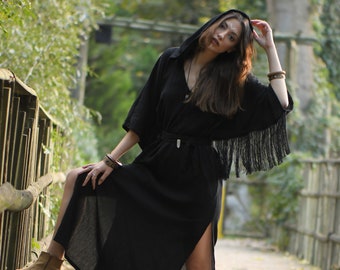 New Black Hoodie Dress / Long Boho Dresses Women / Organic Clothing / Maxi Dress for Women / High Slit Natural Dress / Boho Dress