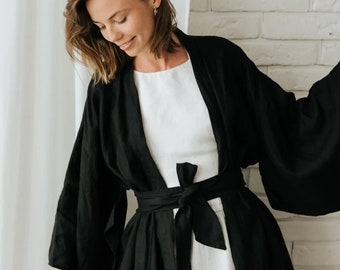 Black Linen Maxi Robe, Linen loungewear, Gift for her, Boho Long Kimono, Natural bathrobe, Bohemian Kimono Dress, Boho Kimono Robe Long,