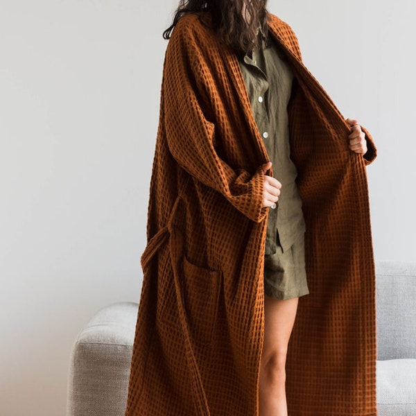 Chesnut Waffle Organic Boho Bath Robe, Turkish Bath Robe , Unisex Linen Spa Robe, Sauna Robe, Boho Bath Robe, Oversized linen robe for women