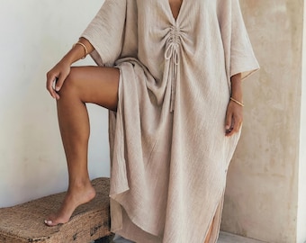 Boho Gauze Kaftan Maxi Dress, Ruched V Neck Cotton Cover Up, Flowy Resort Kaftan, One Size Loose Summer Dress