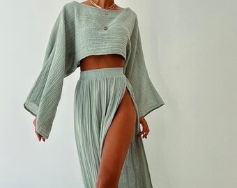 Set top e gonna in cotone, gonna lunga in cotone di lino, top in lino sciolto, gonna in lino da donna, gonne da donna in lino, gonna maxi da spiaggia, set Boho