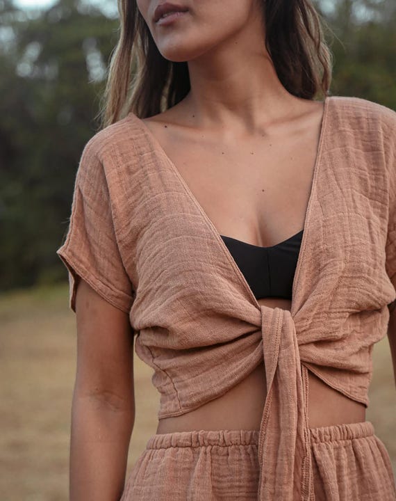 GOA Pure Cotton Wrap Blouse, Summer Raw Cotton Blouse, Boho Wrap Top, Organic Bohemian Clothing, Short Sleeve Boho Top, Resort Wear