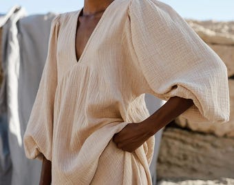 Double Gauze Cotton Midi Dress | V-Neck Balloon Sleeve Kaftan