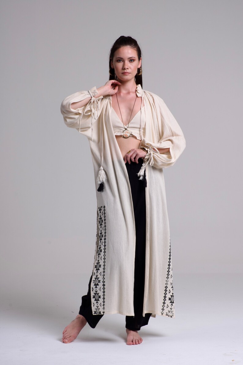 Robe kimono en coton brut, robe de déesse, vêtement bohème, robe à motifs, kimono de festival, robe hippi pour femme, robe bohème beige Ibiza image 5