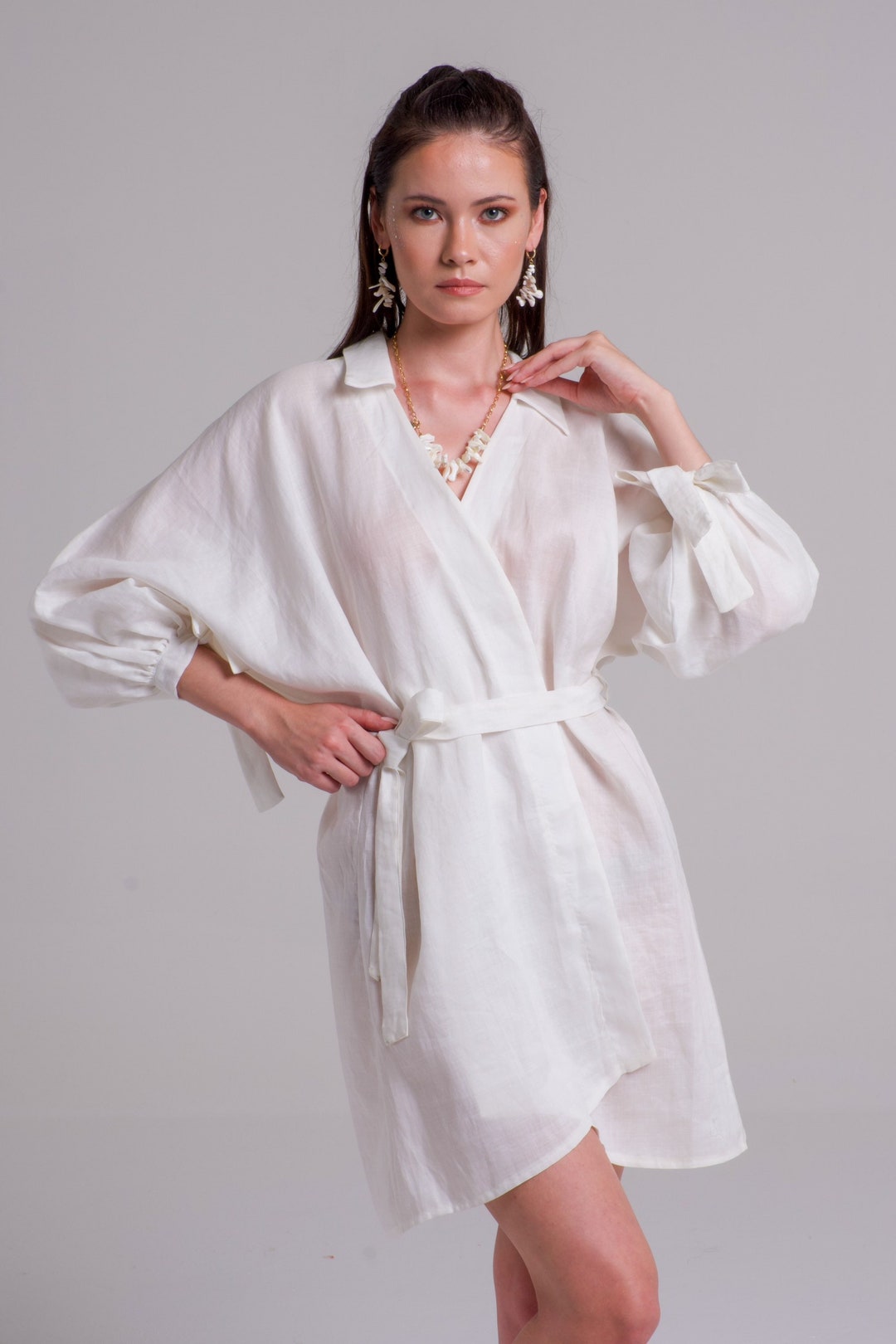 White Linen Kimono Robe / Boho Kimono Cardigan / Short Linen Dress