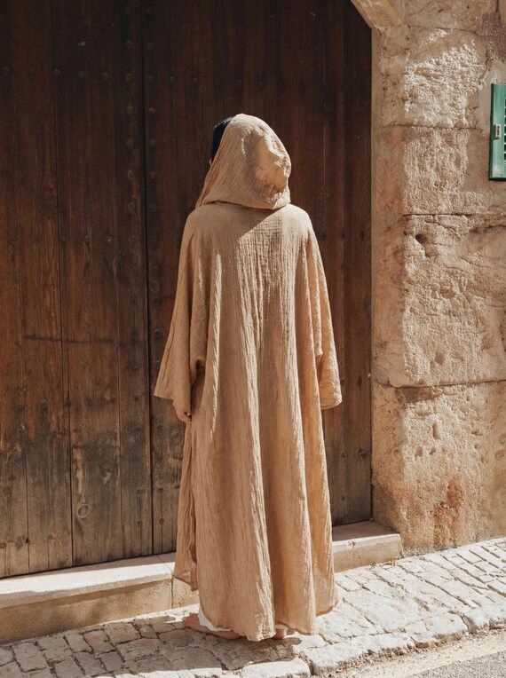 Hooded Cotton Gauze Kimono | Long Open Front Duster | Lightweight Muslin Robe | Boho Beach Cover Up | Handmade