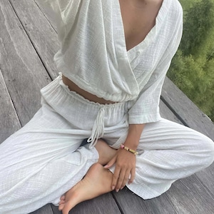 Double Gauze Wrap Top ,Raw Cotton Kimono Top ,Double Gauze Blouse, V-neck Blouse, Boho Wrap Top, Summer Raw Cotton Blouse,Yoga Wear