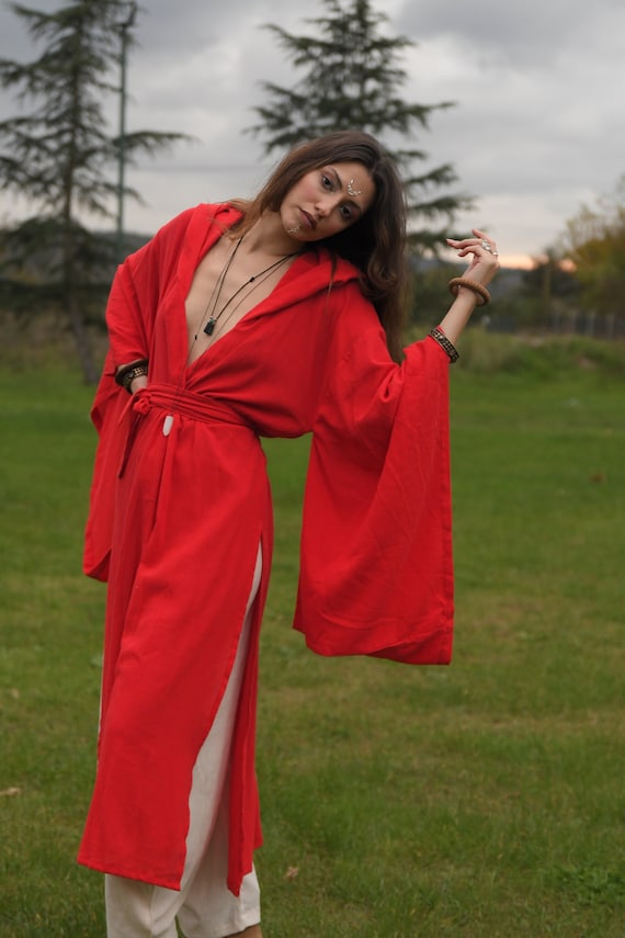 Red Boho Hoody for Women Bohemian Overcoat Red Long Coat Wrap Kimono Robe High Long Jacket Belted Hood Etsy UK