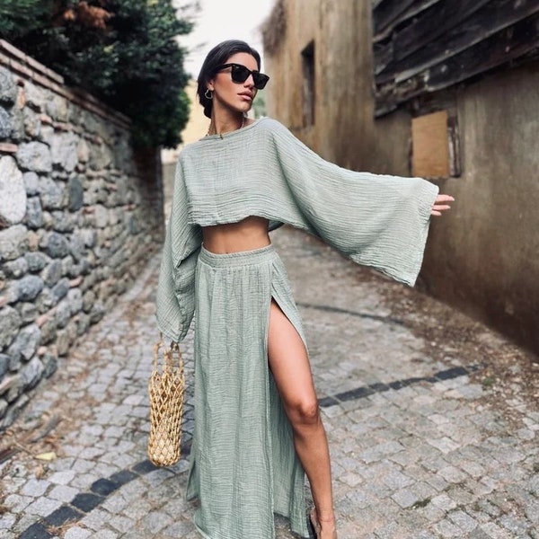 Cotton Double Slit Long Skirt Set ∆ Two Piece Set ∆ Boho Beach Top And Skirt Set ∆ Long Linen Skirt ∆  Linen Summer Top ∆ Swimsuit Cover-up