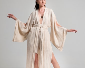 Muslin Double Face Goddess Kimono Robe  Kimono Wide Sleeve Boho Kaftan  Dress Goddess Kimono Cardigan Nomad Organic Shawl Jacket Cover Up