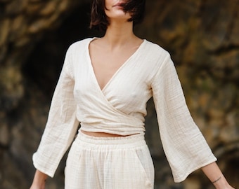Long Sleeve Yoga Wrap Top ∆ Raw Cotton Blouse ∆ Organic Long Sleeve Yoga Wrap Top ∆ Raw Cotton Blouse ∆ Organic