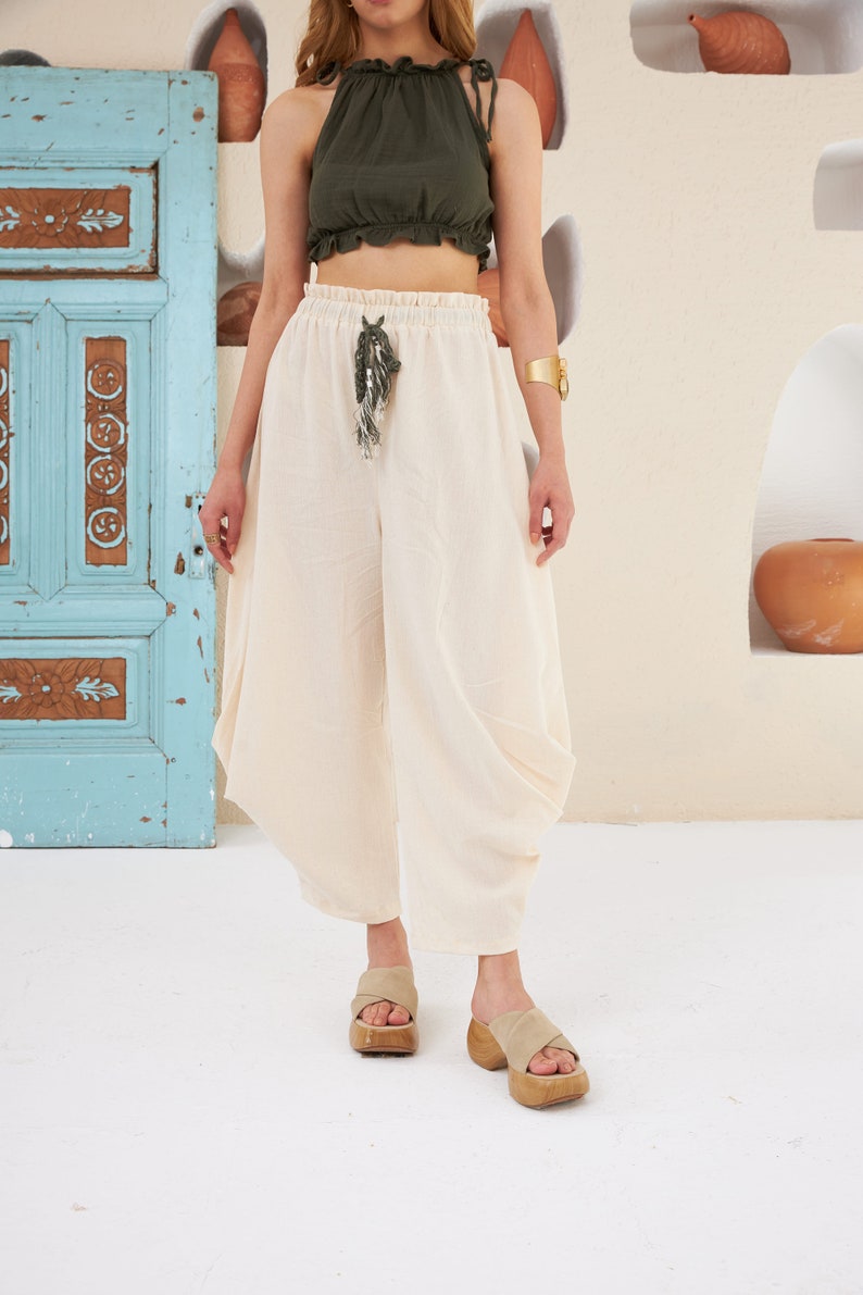 Organic Cotton Harem Trouser, Women Elastic Waist Cotton Pants, Relax it with Elastic Belt,Boho Trousers Wide Leg Pant,Boho,Tall,Thailand image 2