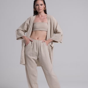 Linen Kimono Jacket And Pants, Linen Two Piece Suit, Kimono Wrap Top, Linen Oversized Cardigan Jacket, Natural Linen Kimono, Linen Cover Up