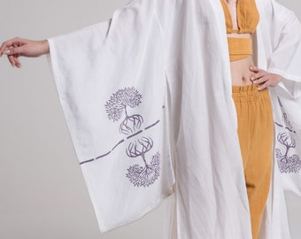 Linen Tree of Life Japanese Kimono /Wide Sleeve Boho /Kaftan Dress / Goddess Kimono Cardigan / Nomad Organic Shawl Jacket /Beige /Cover Up
