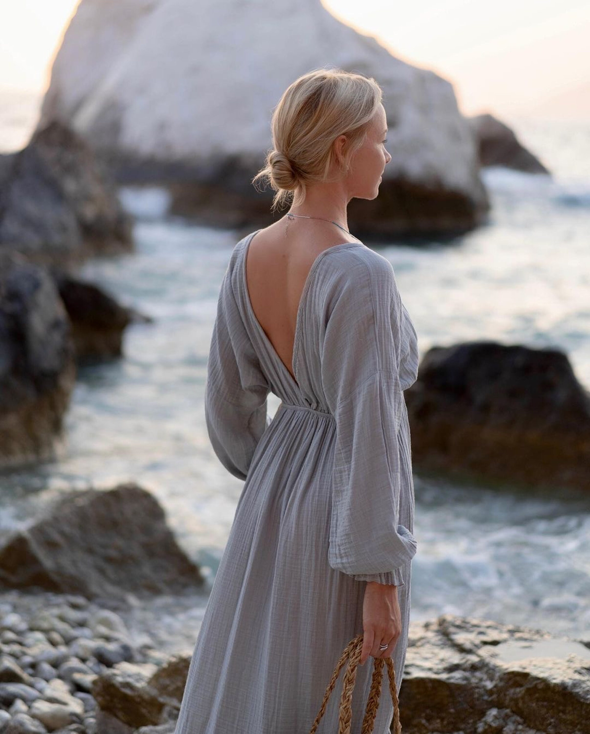 信頼も厚い Maxi Gauze Double Dress, Cotton Organic Beige Sleeve Long Clothing