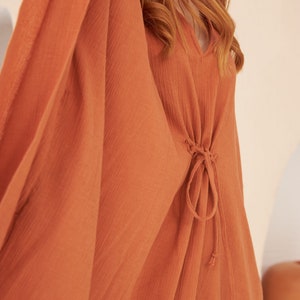 Cinnamon Linen Cotton Dress, linen dress with 3/4 sleeve, Kimono style wide comfortable dress, image 4