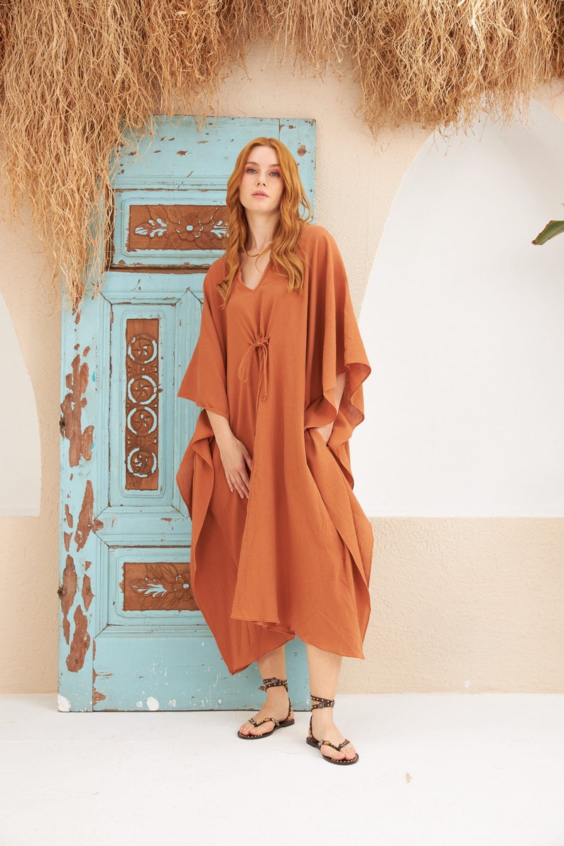 Cinnamon Linen Cotton Dress, linen dress with 3/4 sleeve, Kimono style wide comfortable dress, image 1