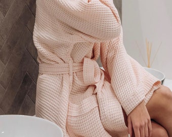 Powder Waffle Organic Bath Robe, Sustainable Clothing , Linen Spa Robe, Sauna Robe, Bath Robe, Home Wear, Oversized linen robe for women