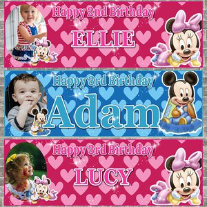 2 X Personalised Mickey Mouse Birthday Banners with Photo, Children/Kids - Any name and Age