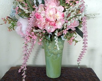 Pink flower arrangement,  artificial flowers, silk floral bouquet,  vase of flowers, silk roses, cabbage roses, green painted vase, gifts