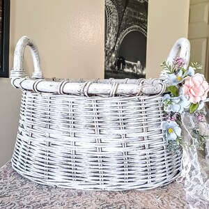 White basket, round basket, embellished, storage basket, blankets, throws, magazines, books, shabby n chic, cottage, large round basket image 9