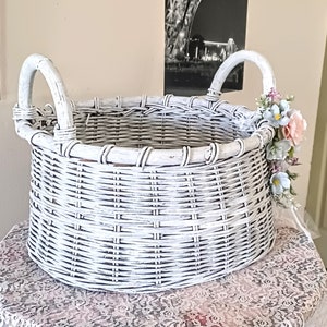 White basket, round basket, embellished, storage basket, blankets, throws, magazines, books, shabby n chic, cottage, large round basket image 4