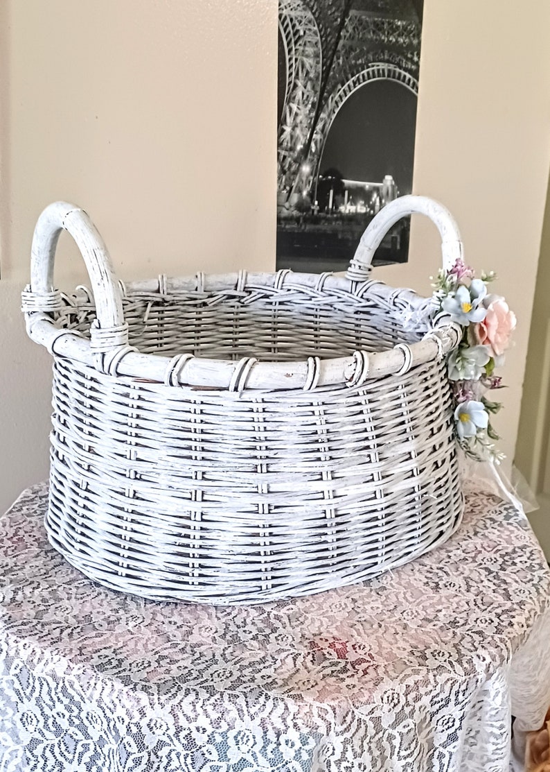 White basket, round basket, embellished, storage basket, blankets, throws, magazines, books, shabby n chic, cottage, large round basket image 4
