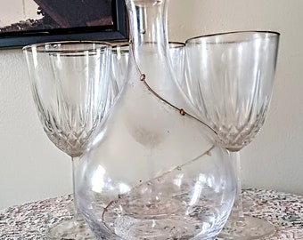 Vintage decanter set, glass liquor decanter, glass bottle, glass wine glasses, gold trim, pier one imports, bourbon, bar accessories, party